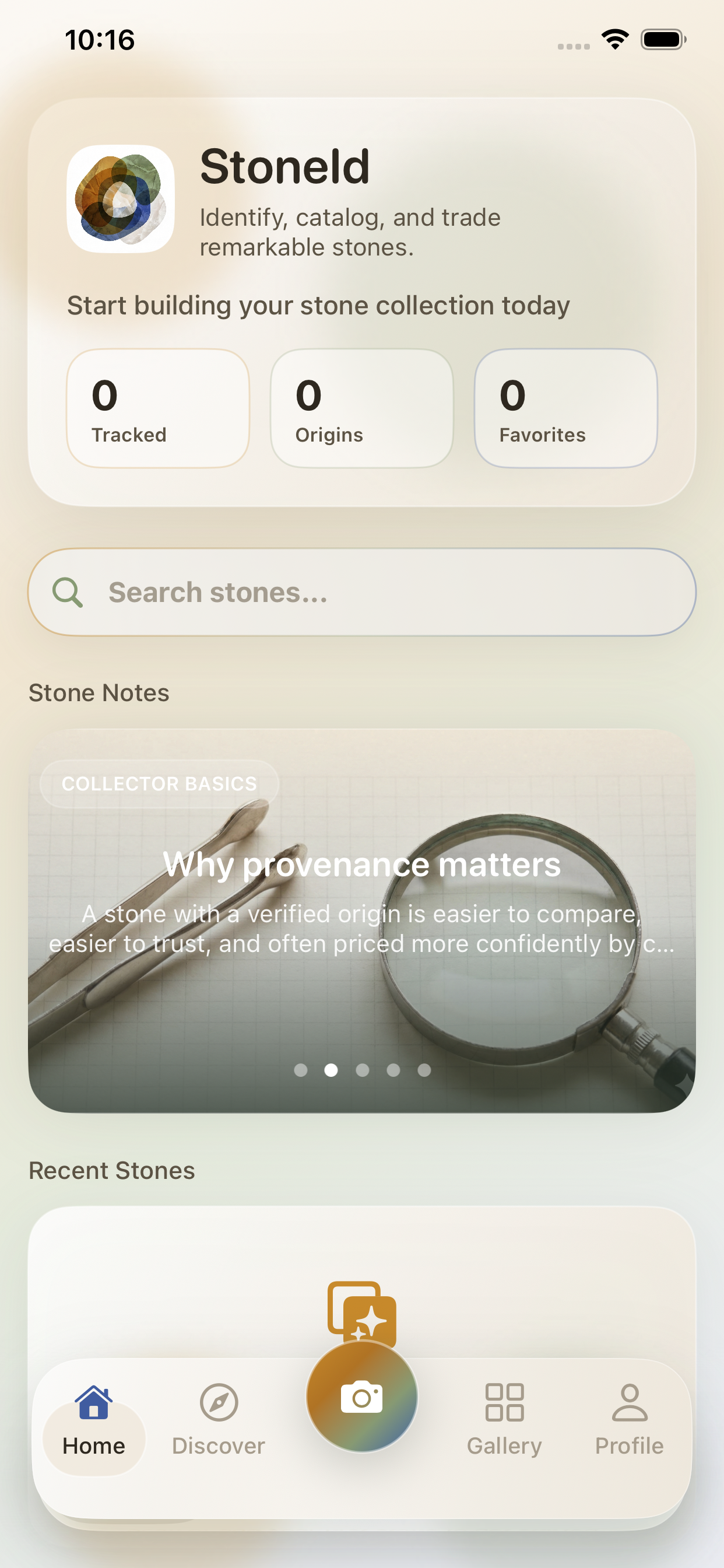 StoneID app home screen showing a personal stone collection